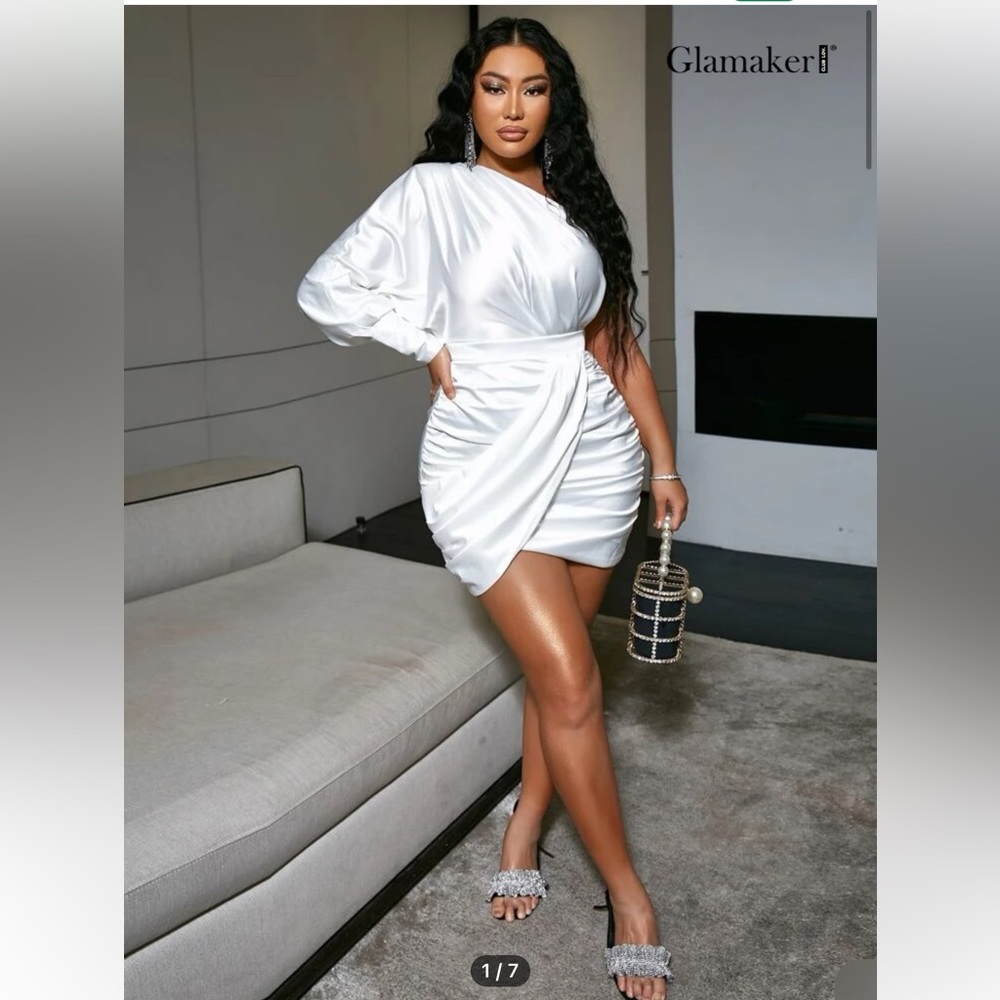Glamaker One Shoulder Ruched Tulip Hem Satin Bodycon Dress